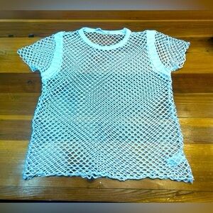 Bailey 44 Anthropologie White Open Knit Netting Top, Soft Collar & Sleeve Trim M